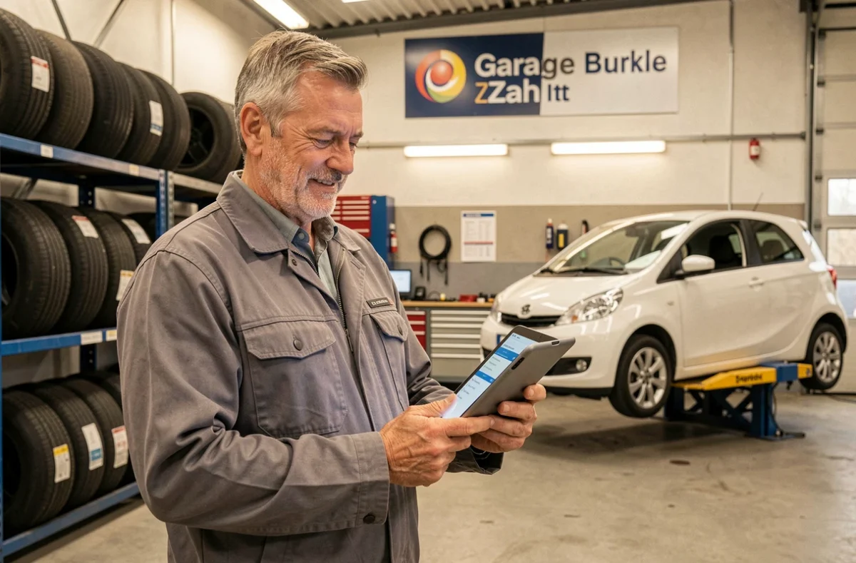 Mécanicien du Garage Burckle Zahn consultant une tablette de diagnostic devant l'atelier