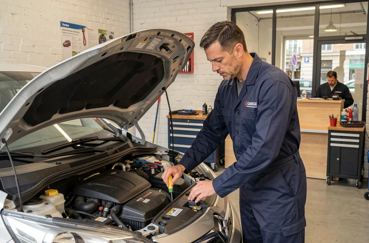 Mécanicien professionnel effectuant un diagnostic moteur au Garage Cabias dans le 4e arrondissement de Lyon