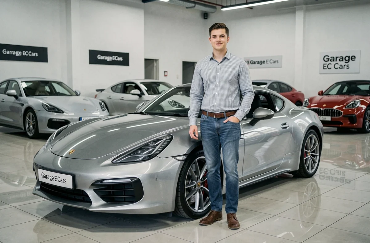 Conseiller du Garage EC Cars présentant une voiture de sport dans la salle d'exposition