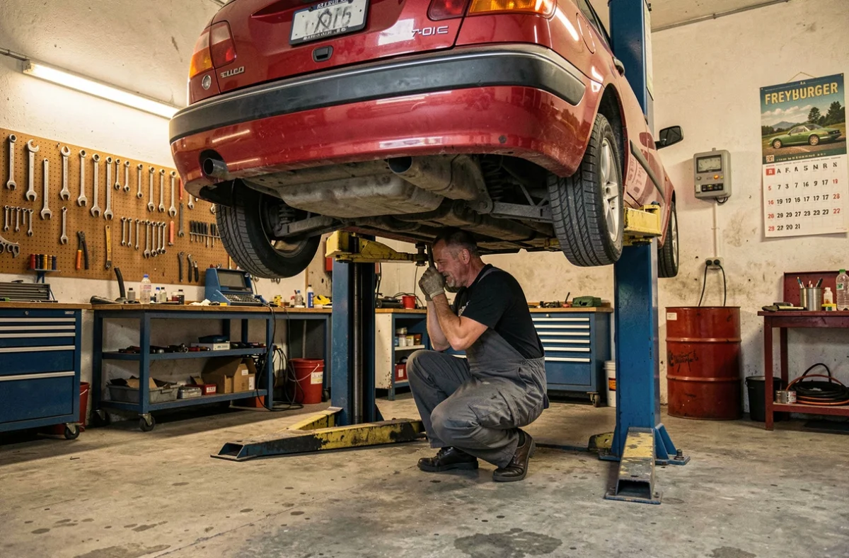 Mécanicien du Garage Freyburger inspectant le dessous d'un véhicule rouge élevé sur un pont hydraulique dans un atelier alsacien