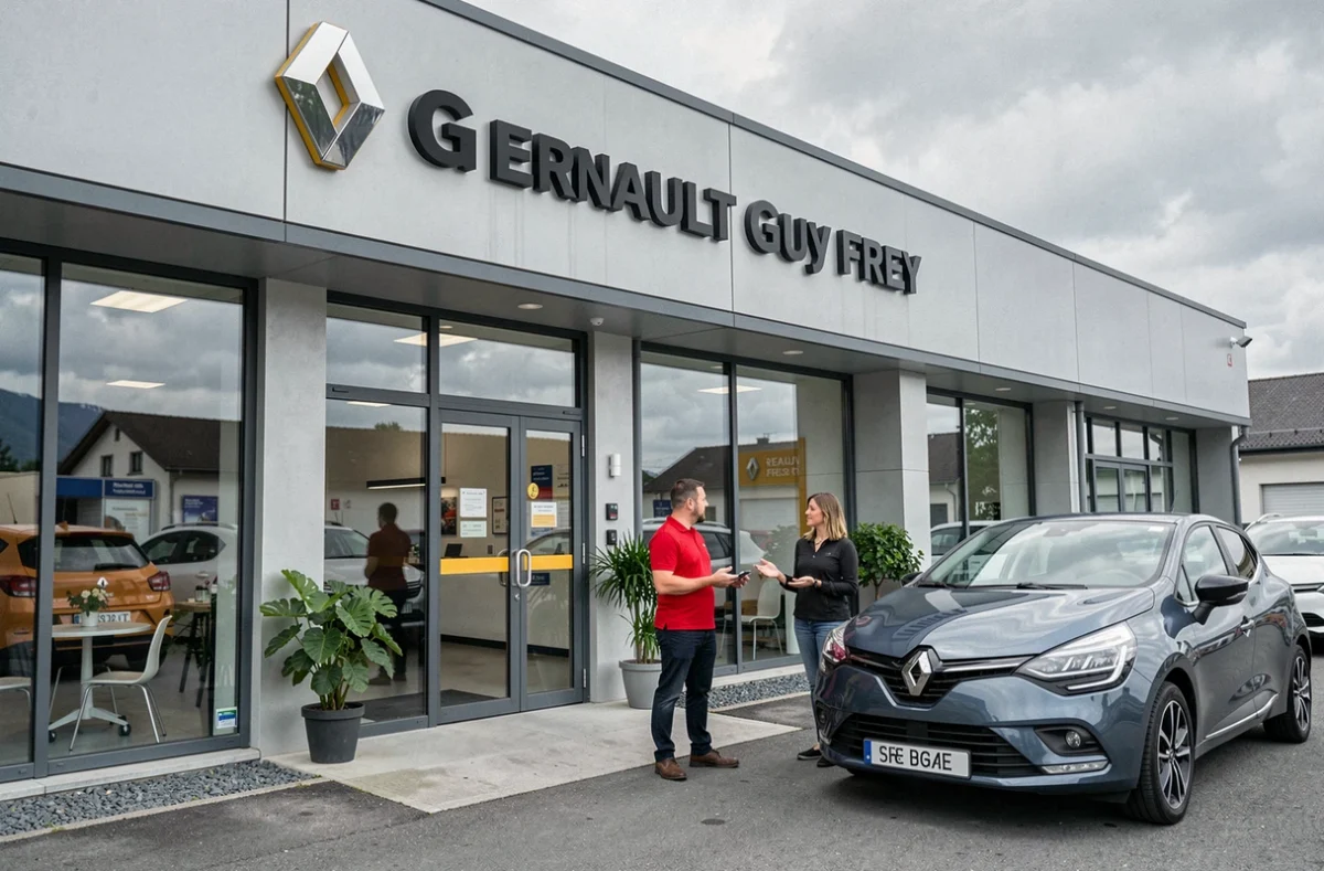 Façade du Garage Guy Frey agent Renault dans le Haut-Rhin avec un conseiller accueillant une cliente près de sa Renault Clio