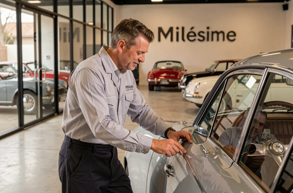 Technicien du Garage Millésime inspectant une voiture dans un atelier soigné et professionnel