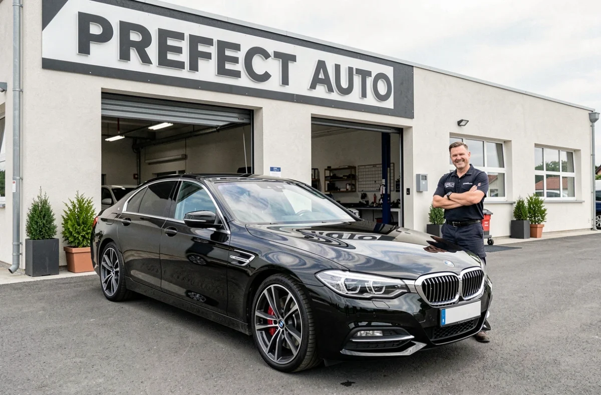 Client inspectant sa berline noire fraîchement réparée devant la façade moderne du Garage Perfect Auto dans le Haut-Rhin