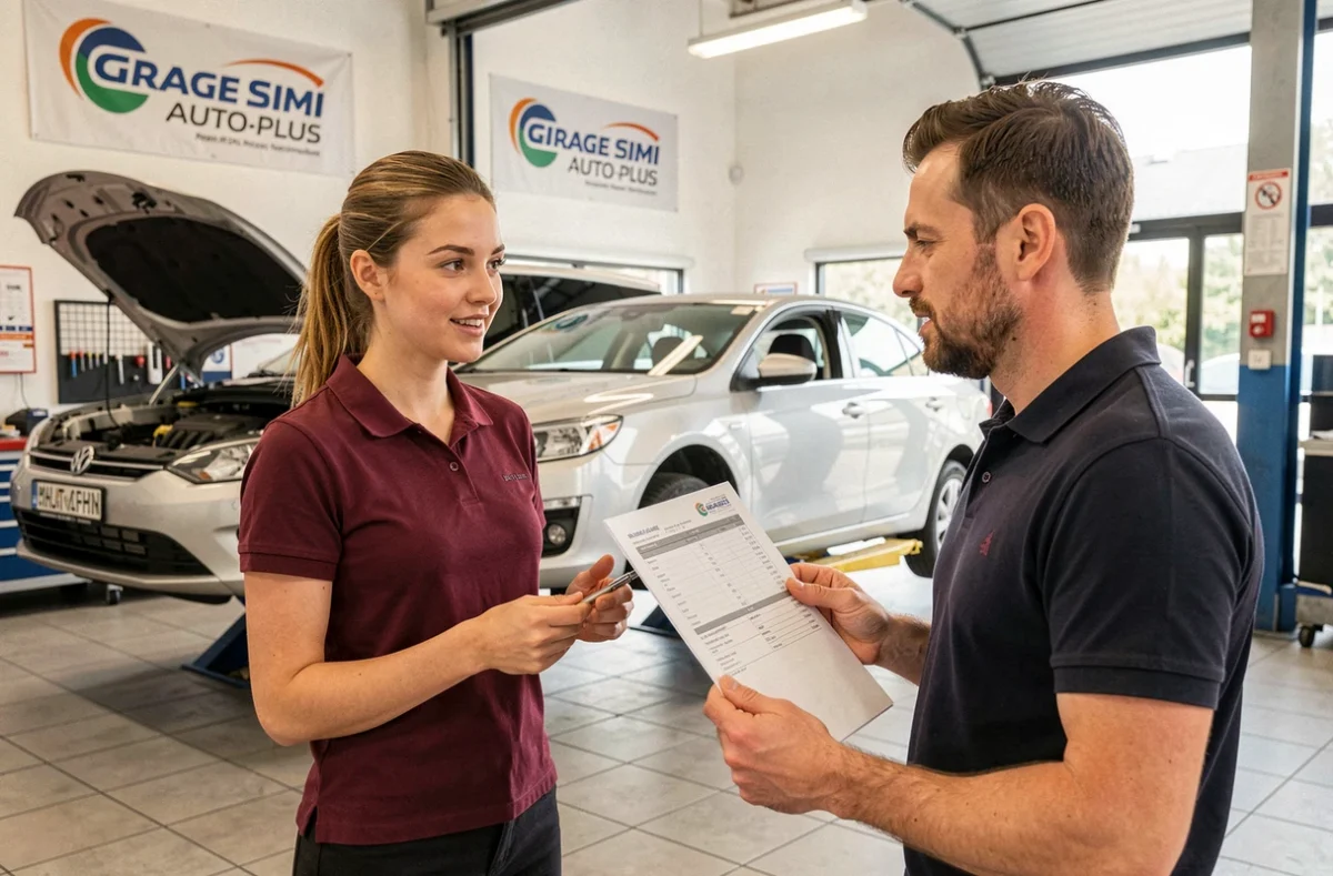 Conseillère du Garage Simi Auto Plus expliquant un devis de réparation à un client devant un véhicule surélevé dans l'atelier du Haut-Rhin