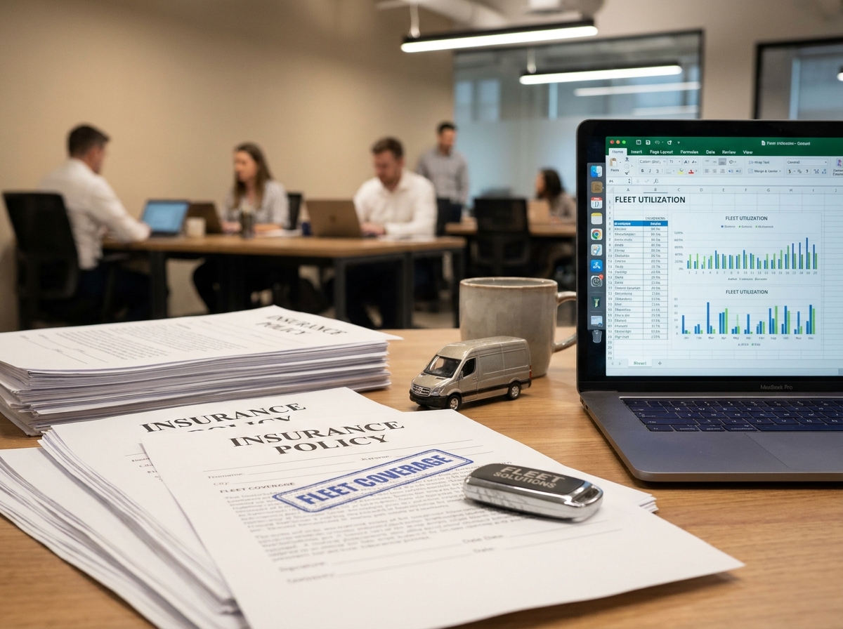 Bureau d'un gestionnaire de flotte avec documents d'assurance, clés de voiture et tableau de bord numérique