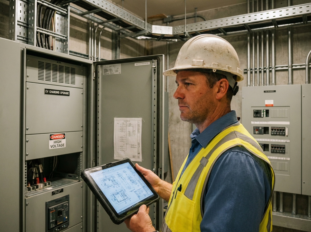 Gestionnaire technique d'immeuble évaluant les travaux d'infrastructure électrique pour l'installation de bornes de recharge