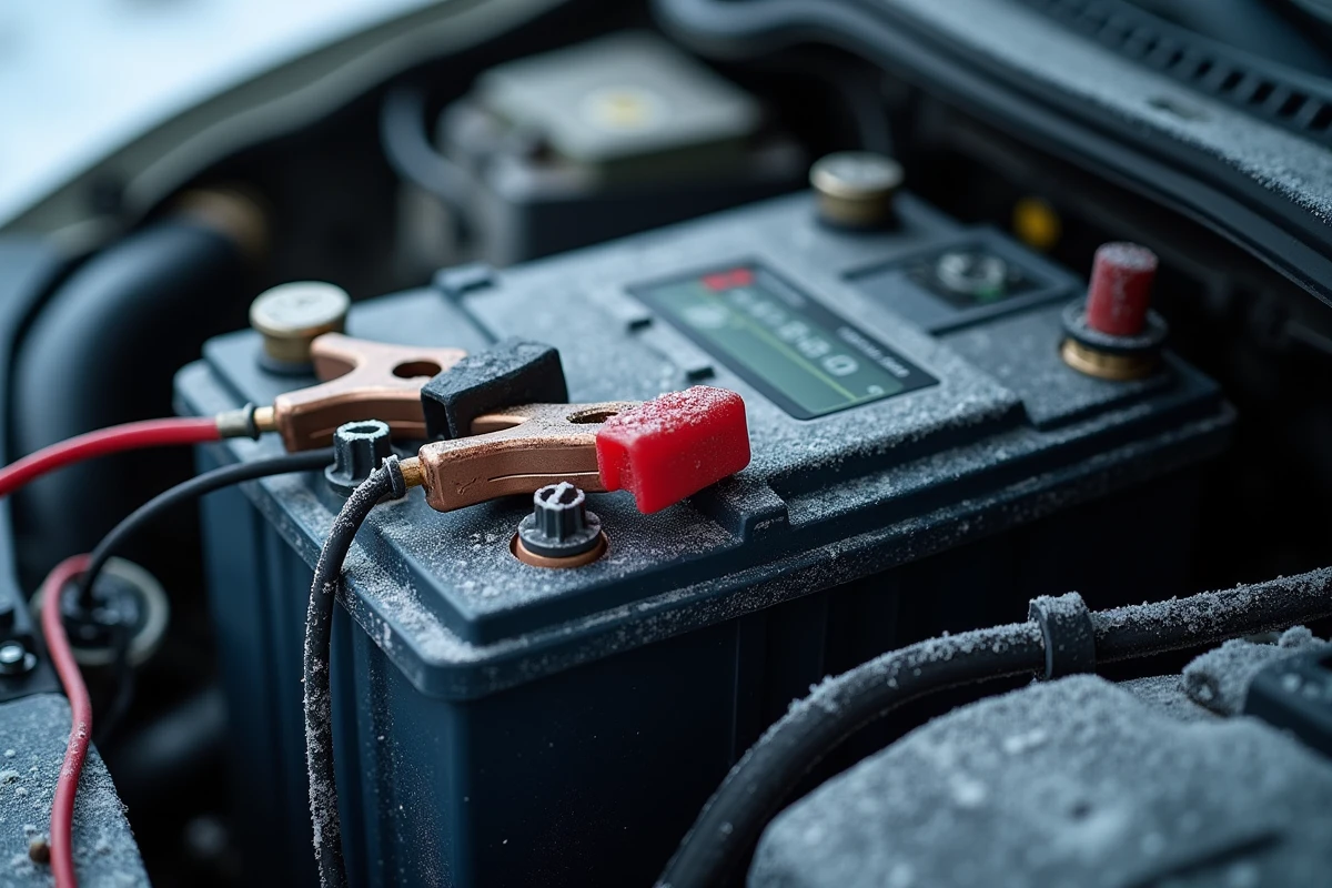 Gros plan sur une batterie de voiture avec pinces de chargeur connectées par temps de gel en hiver