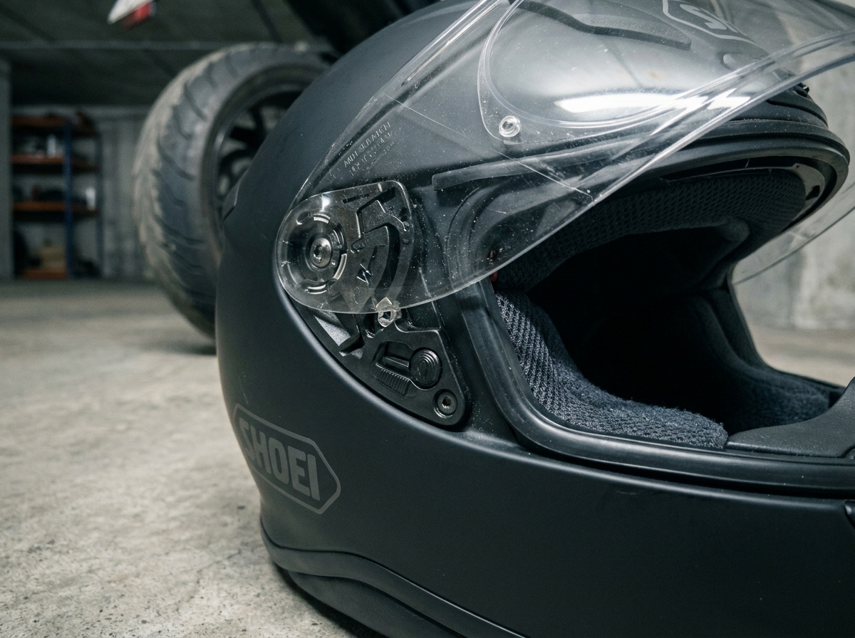 Gros plan sur les détails techniques et la finition d'un casque Shoei posé dans un garage urbain