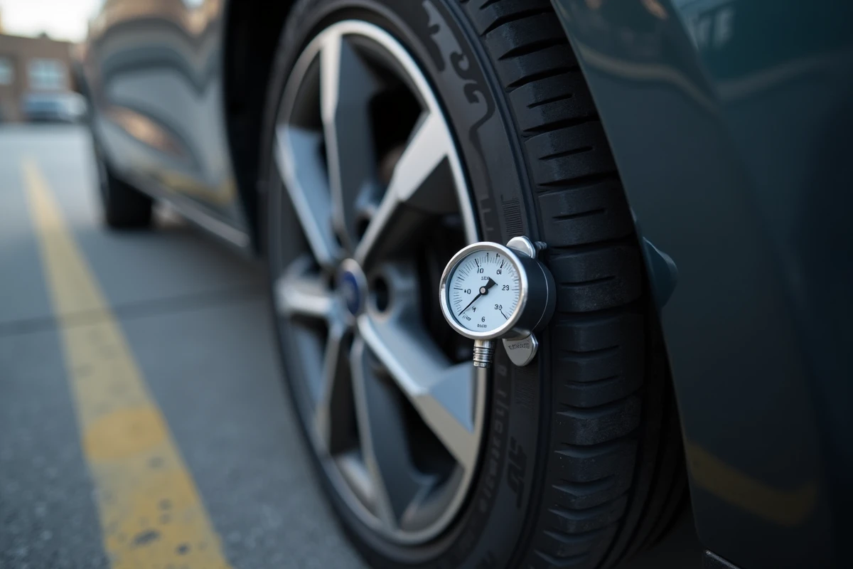 Gros plan sur un manomètre indiquant la pression recommandée sur un pneu de Ford Fiesta