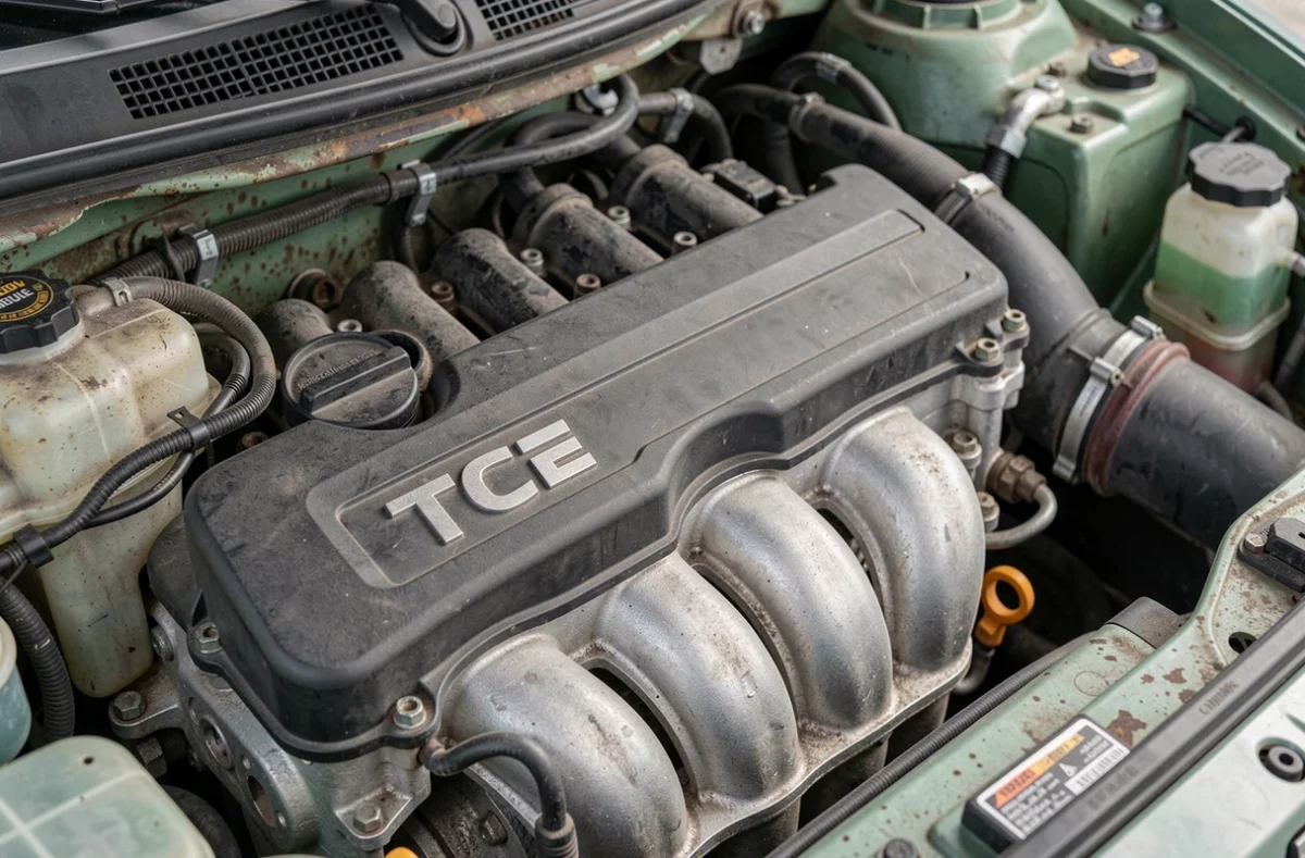 Gros plan sur le moteur Renault TCe turbo avec badge et composants visibles