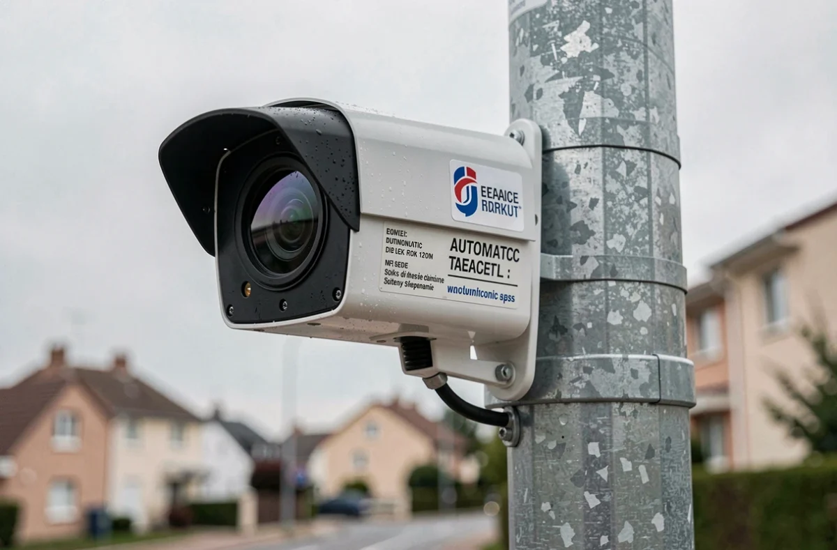 Gros plan sur un radar de contrôle aux feux rouges et vitesse en France avec détails techniques visibles