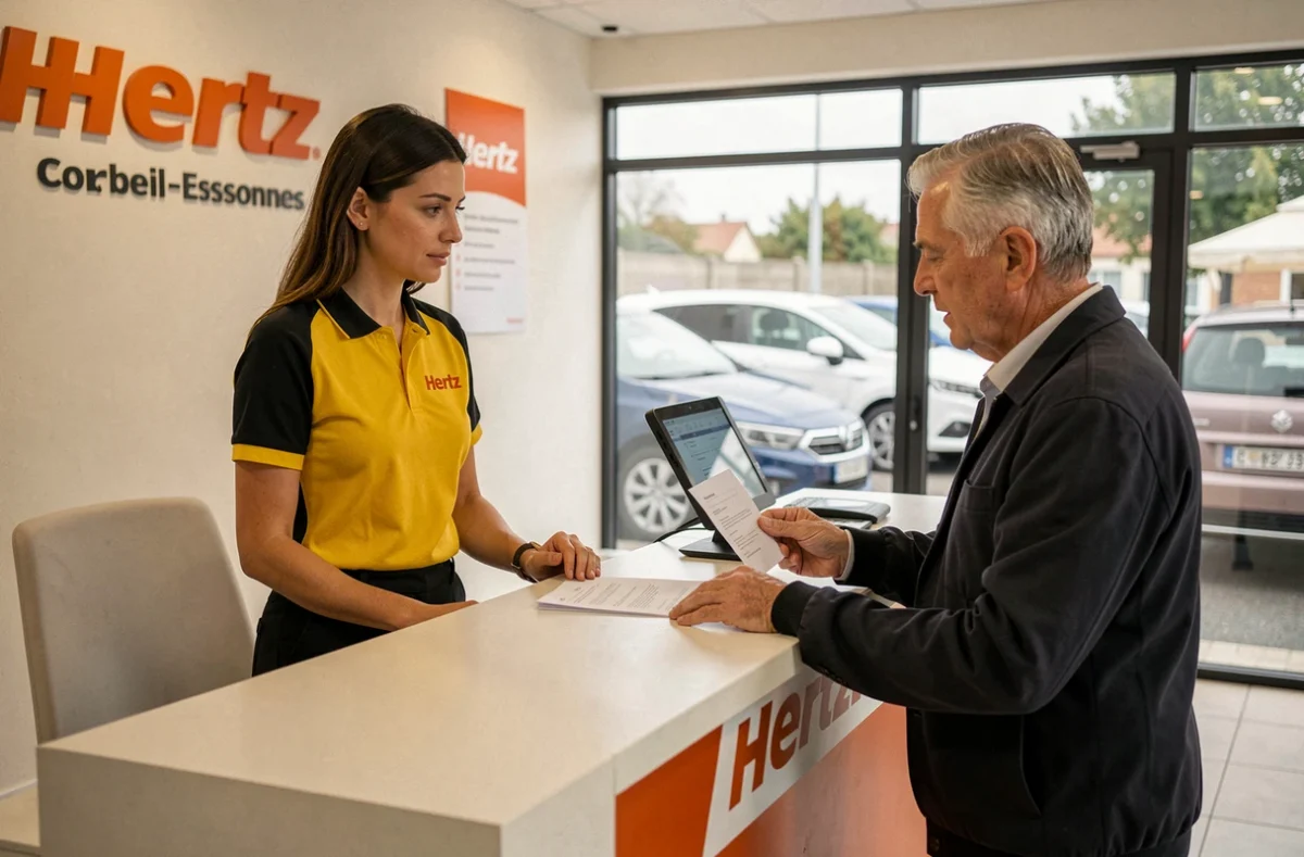 Employée Hertz à Corbeil-Essonnes accueillant un client au comptoir de l'agence