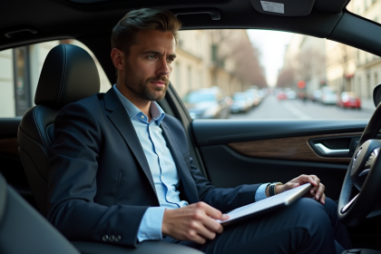 Homme d'affaires dans une voiture moderne à Paris