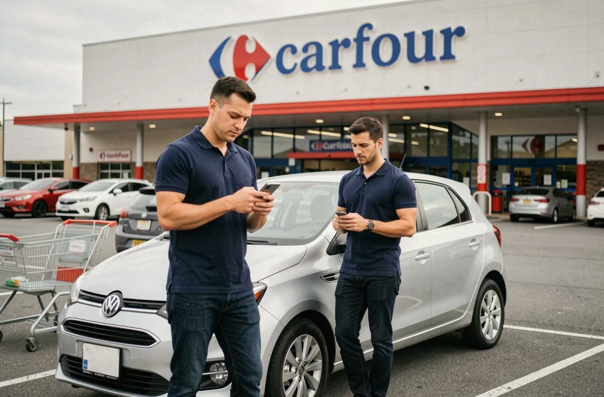 Homme consultant son smartphone devant sa voiture dans un parking Carrefour pour comparer des assurances auto