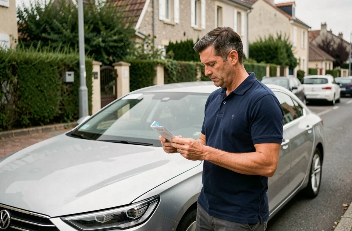 Homme tenant un document d'assurance automobile debout à côté de sa voiture dans une rue résidentielle française