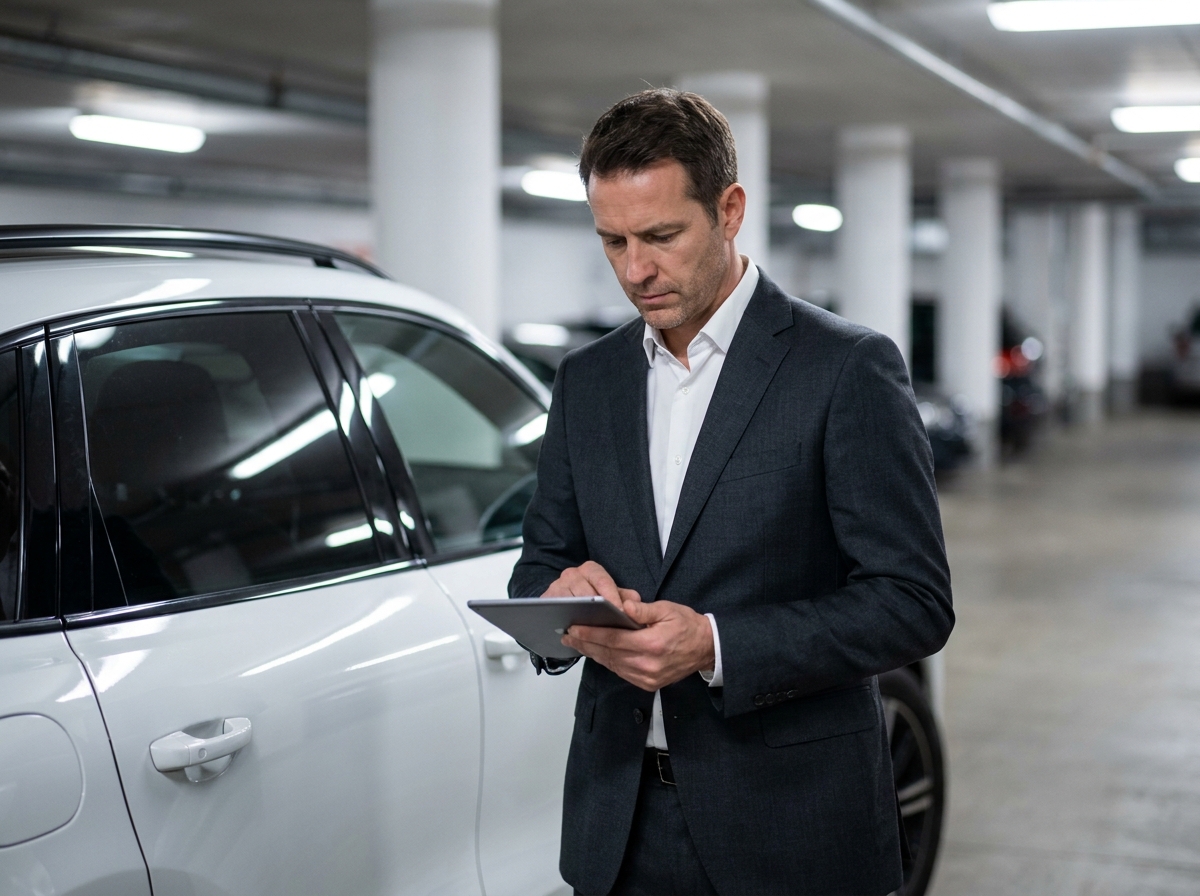 Homme en costume charbon examinant des documents d'assurance à côté d'une Porsche Cayenne blanche dans un parking souterrain, image réaliste pour article sur contrat d'assurance automobile sur mesure
