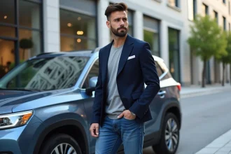 Homme en blazer avec SUV bleu en ville moderne