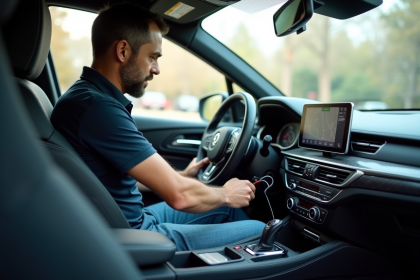 Homme connecté au système de navigation dans une voiture moderne