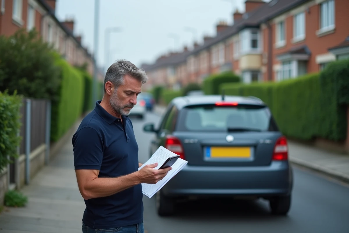 Homme consultant sa carte grise et son téléphone près de sa voiture dans une rue résidentielle