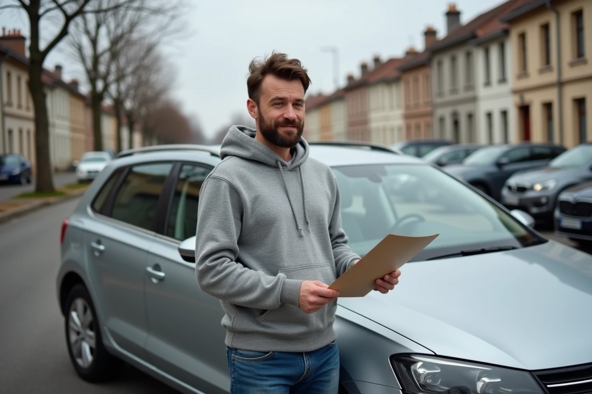 Un homme tient sa carte grise devant sa voiture dans un parking résidentiel français