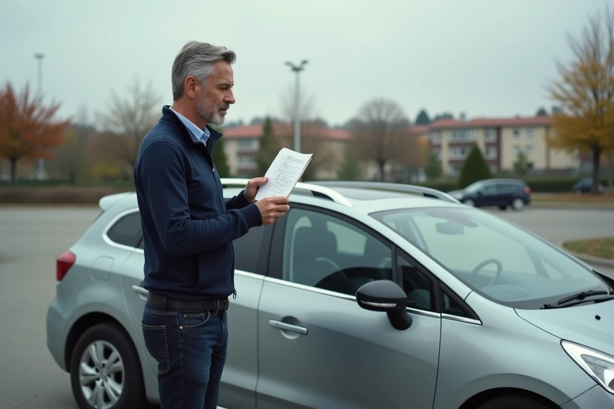 Homme tenant une carte grise devant sa voiture dans un parking suburbain français en automne