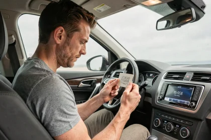 Homme consultant le code autoradio dans l'habitacle de sa voiture avec une fiche papier à la main
