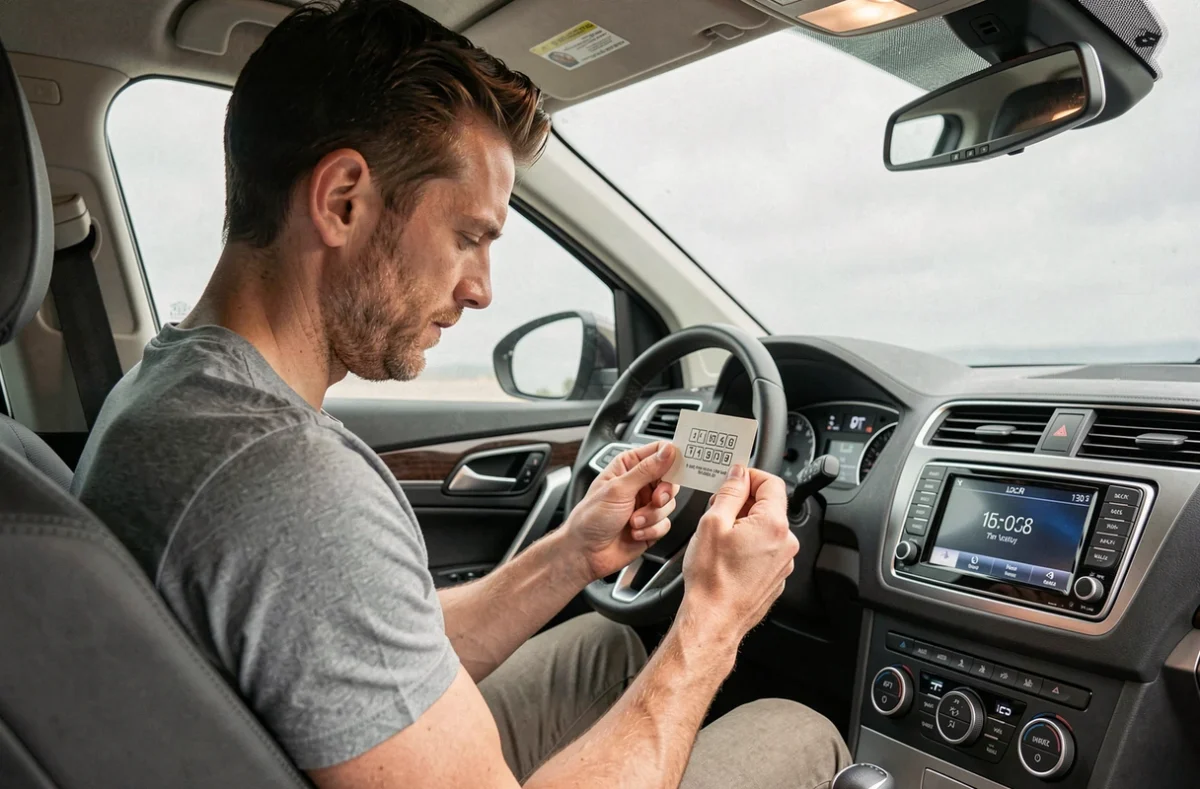 Homme consultant le code autoradio dans l'habitacle de sa voiture avec une fiche papier à la main