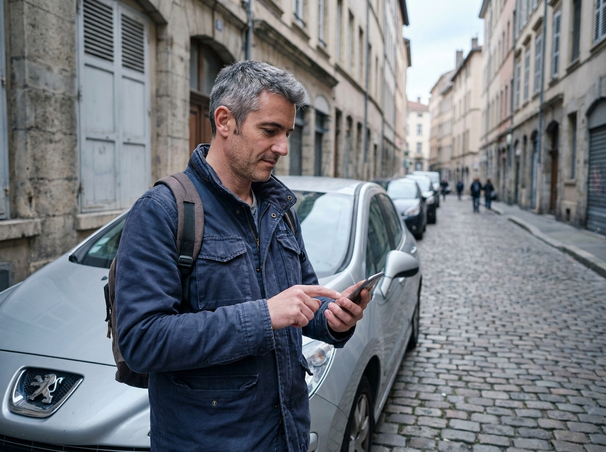 Homme comparant des offres d'assurance auto sur smartphone à côté de sa voiture à Lyon