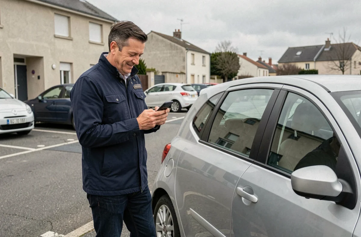 Homme comparant des offres d'assurance auto pas chère sur smartphone près de sa voiture