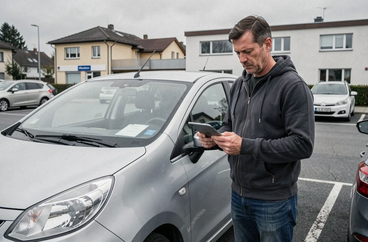 Homme debout près de sa voiture compacte comparant des offres d'assurance auto sur tablette dans un parking