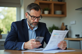 Homme d'âge moyen examinant documents d'assurance voiture