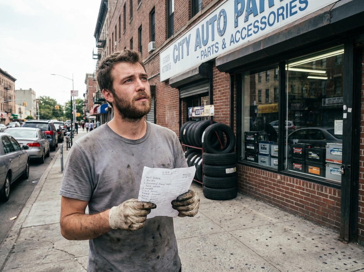 Jeune homme hésitant devant un magasin de pièces automobiles avec une liste de pièces à la main avant de se lancer dans la mécanique