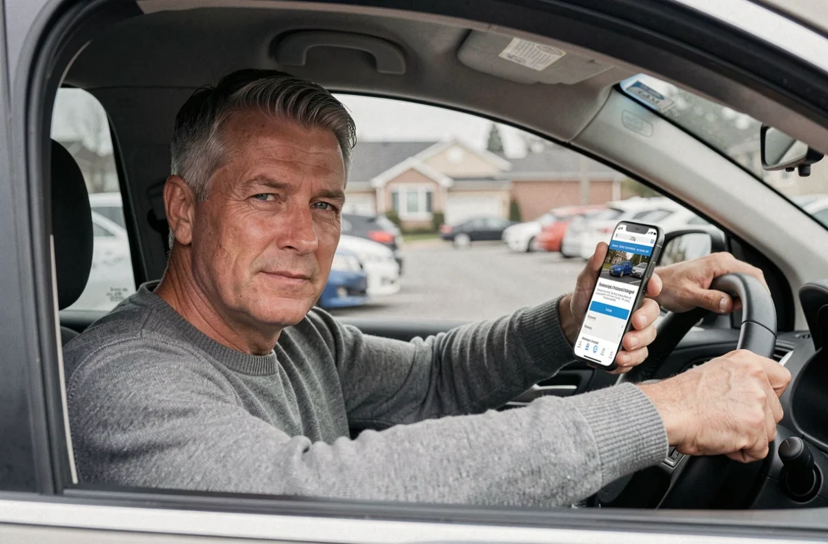Homme consultant une application de devis assurance auto sur son smartphone dans sa voiture