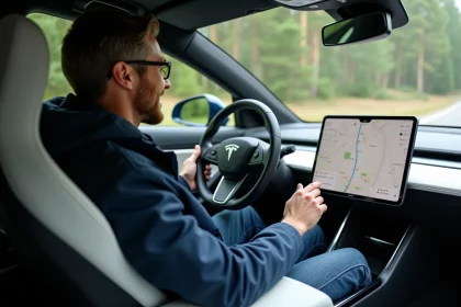Homme souriant dans une voiture &eacute;lectrique moderne