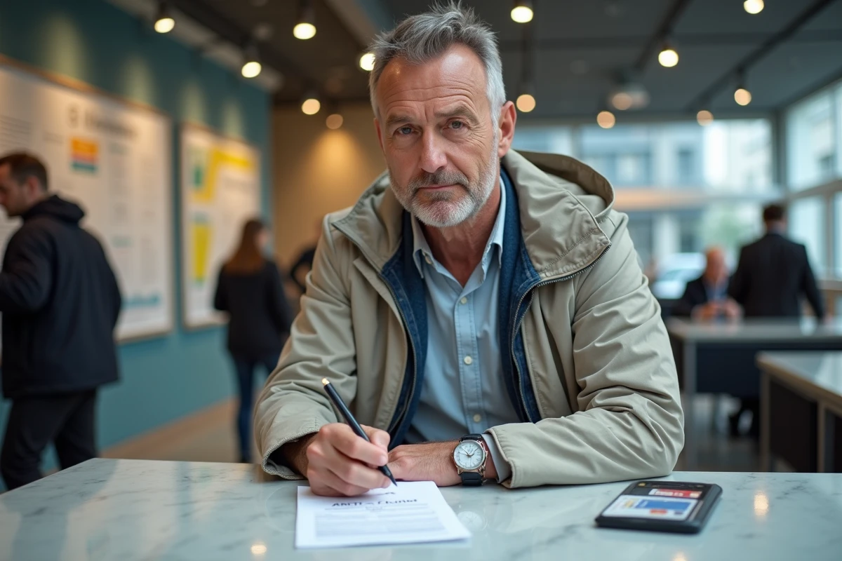 Homme remplissant un formulaire officiel dans une préfecture