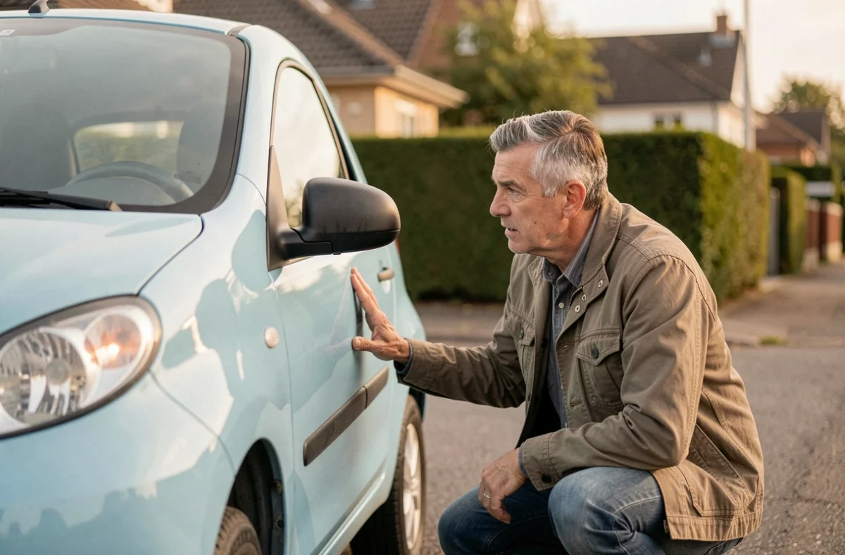 Un homme inspectant une Citroën Ami bleue d'occasion dans une rue résidentielle
