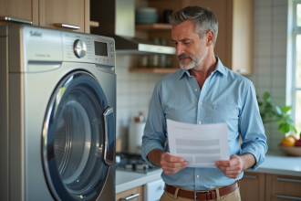 Homme d'âge moyen tenant manuel lavevaisselle dans une cuisine moderne