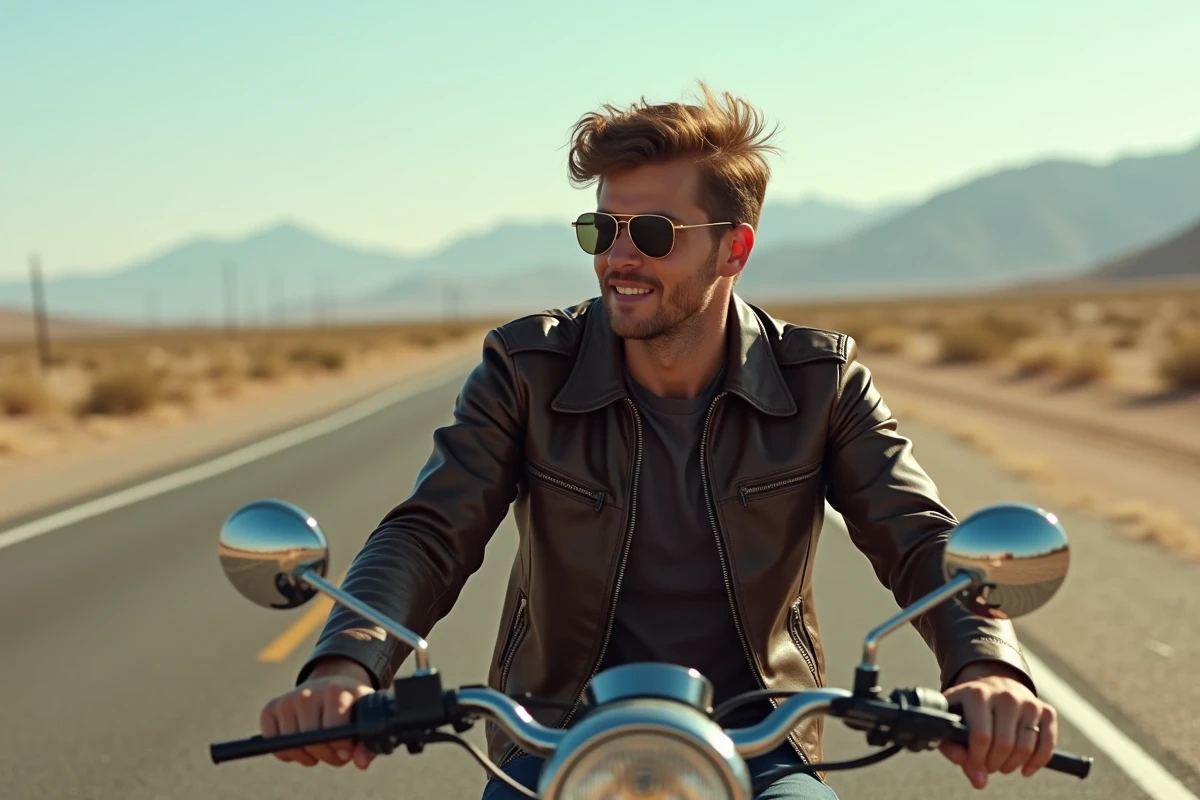Homme en blouson en cuir et lunettes aviateur sur moto vintage