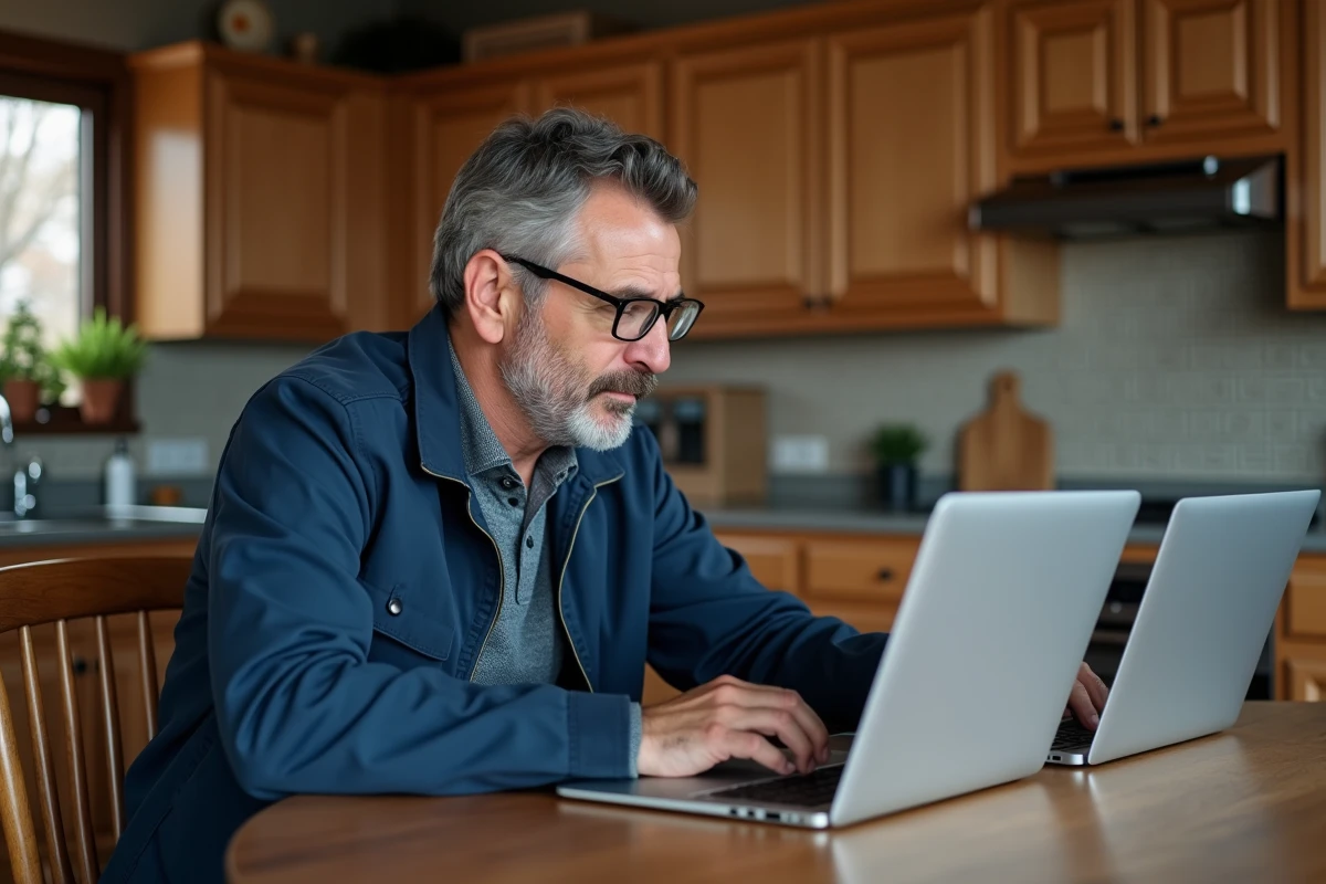 Homme d'âge moyen comparant deux écrans d'ordinateurs de voitures