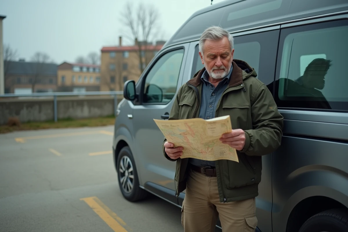 Homme d'une quarantaine d'années consultant une carte routière appuyé contre son Peugeot Expert long aménagé en camping-car dans un parking urbain
