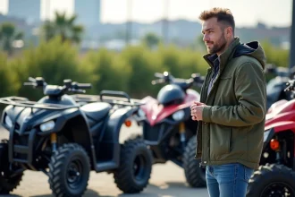Homme examine un quad électrique en concession