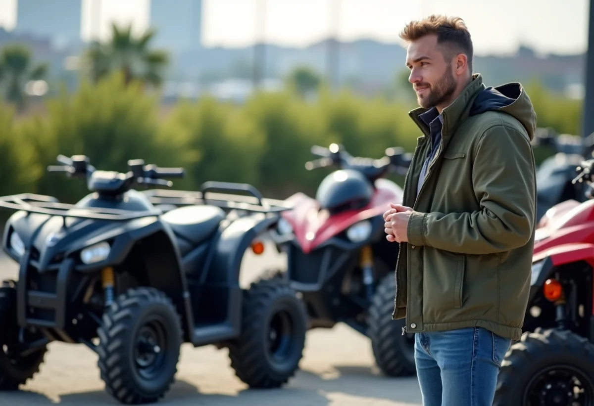Homme examine un quad électrique en concession