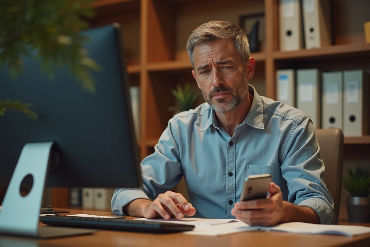 Homme essayant de récupérer l'accès à son compte en ligne depuis son bureau à domicile avec un smartphone et un ordinateur