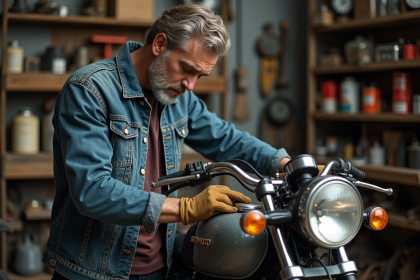 Homme en blouson en denim polissant une moto ancienne dans un garage