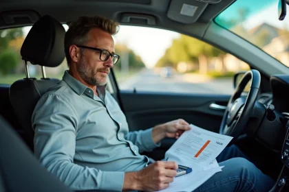 Homme dans sa voiture examine un devis de voyage