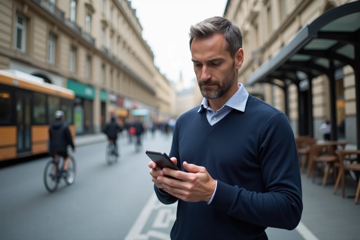 Homme d age moyen lisant les actualites sur son smartphone