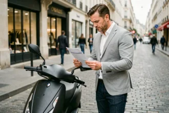 Homme debout à côté de son scooter urbain en ville, consultant un document d'assurance sur le trottoir