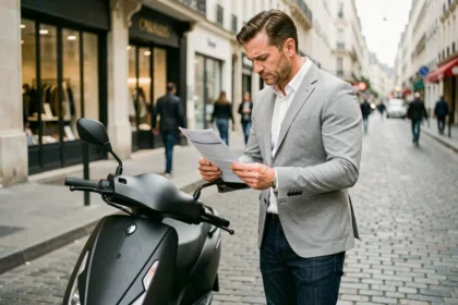 Homme debout à côté de son scooter urbain en ville, consultant un document d'assurance sur le trottoir