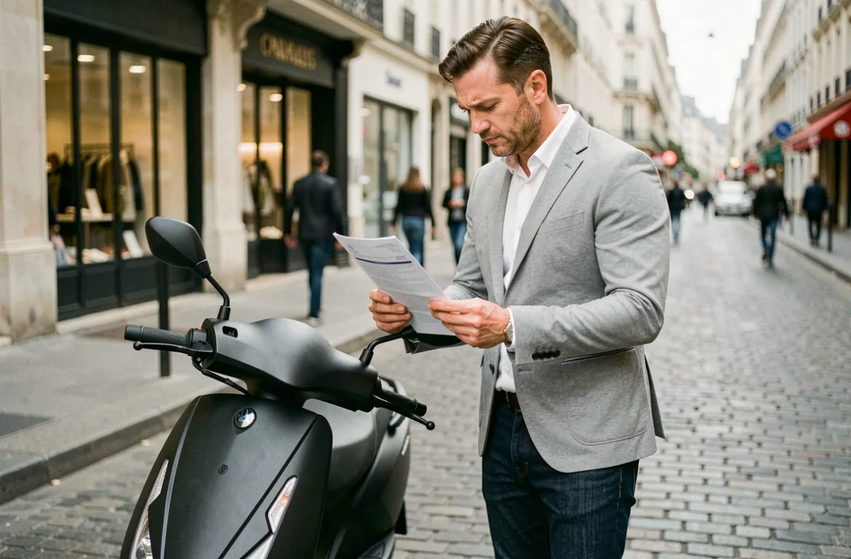 Homme debout à côté de son scooter urbain en ville, consultant un document d'assurance sur le trottoir