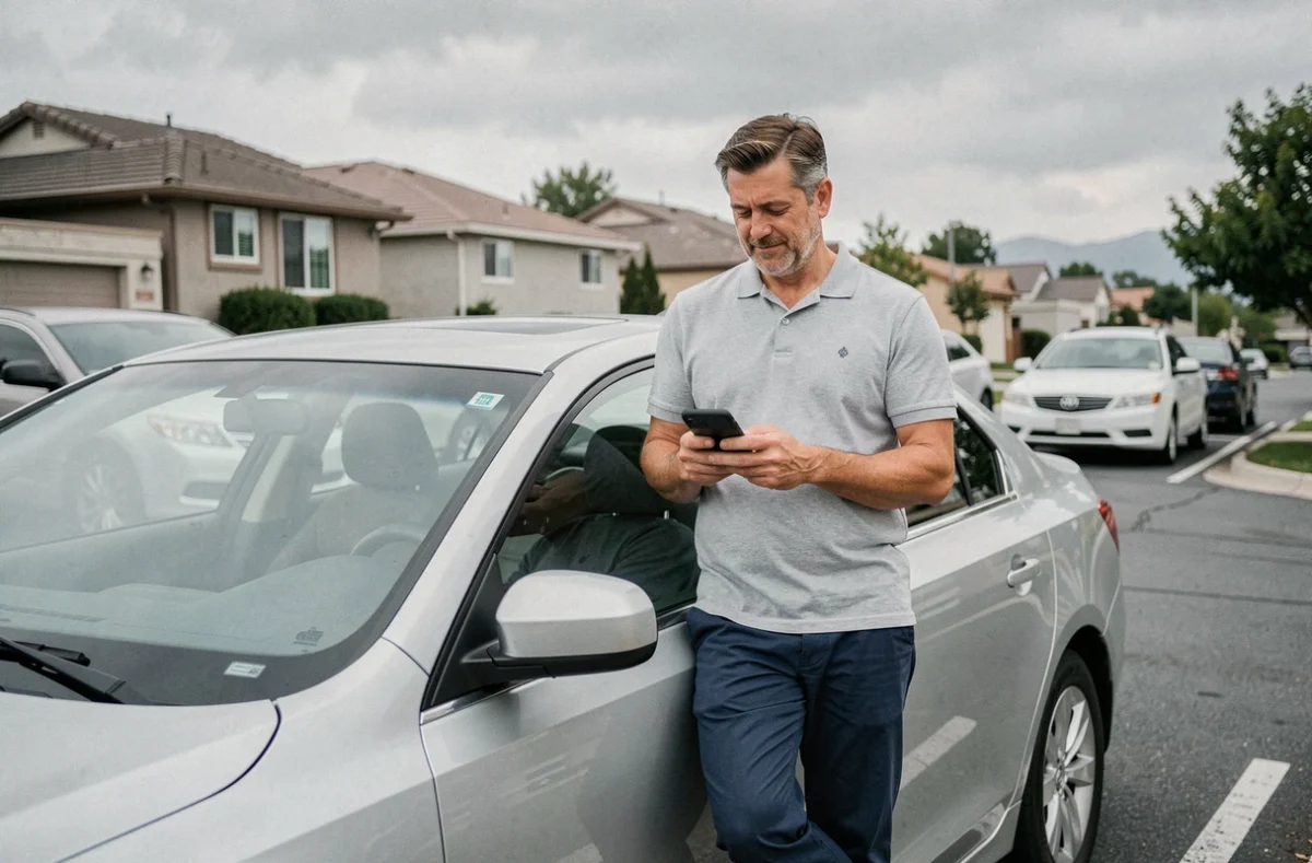 Homme consultant une application de comparaison d'assurance auto sur smartphone appuyé contre sa voiture
